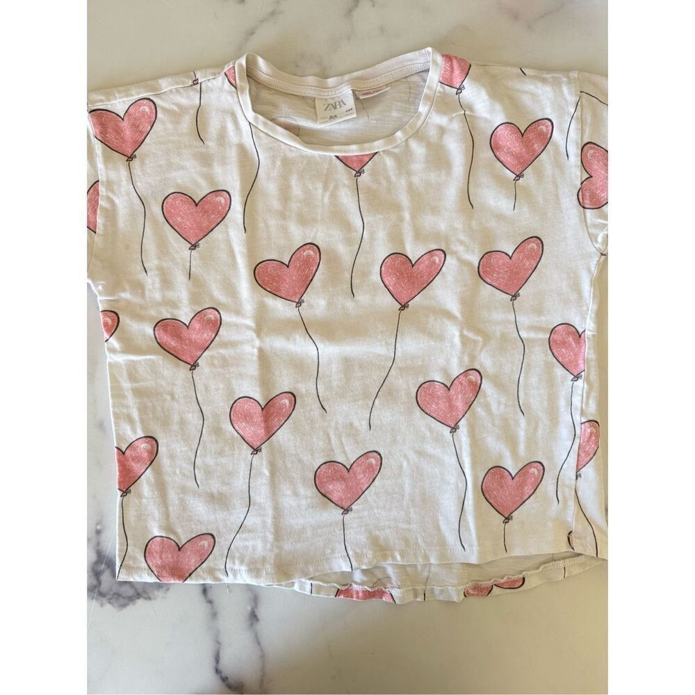 Zara 3-4 year white pink heart balloon t-shirt cotton short sleeve crew neck cut